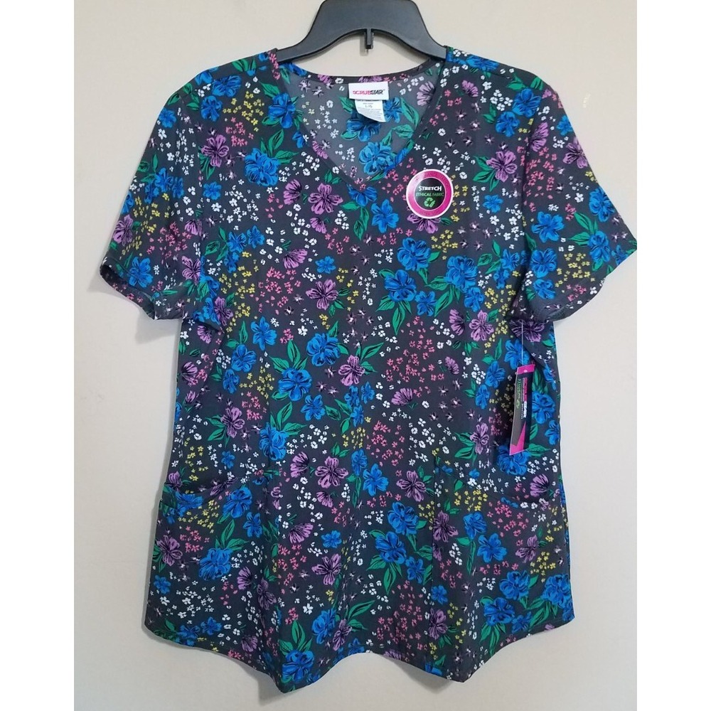 Scrubstar Scrub Top Women size Large Floral V-neck Pockets NEW